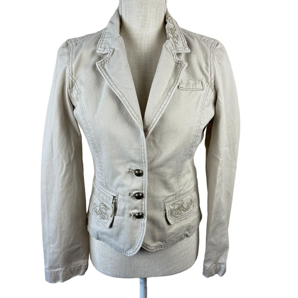 Aeropostale Blazer Womens Size S Tan Cotton Embroidered 3 Button‎ Pockets Jacket